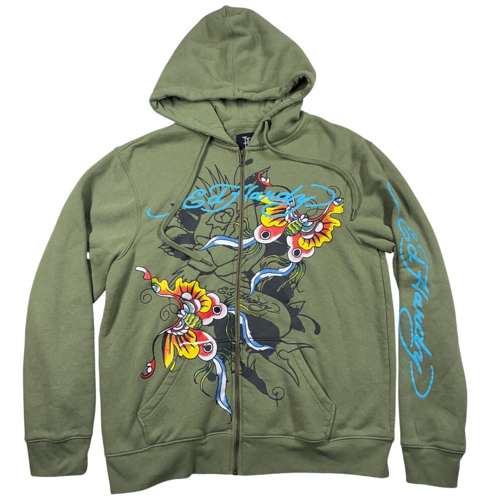 Ed Hardy Hoodie Medium Womens Green Butterfly Tattoos Full Zip Streetwear Y2K